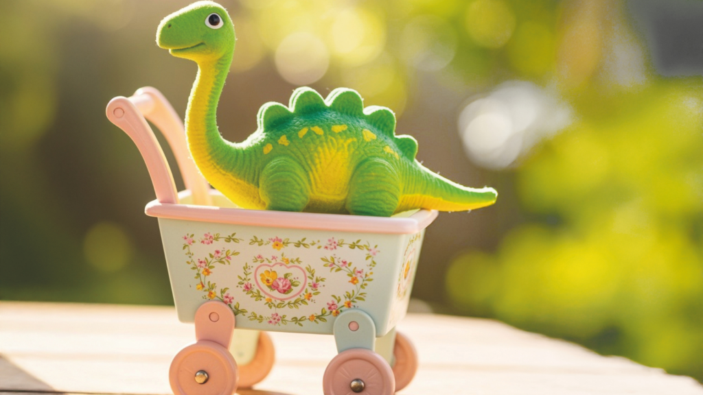 Ein Dinosaurier-Spielzeug in einem Puppenwagen