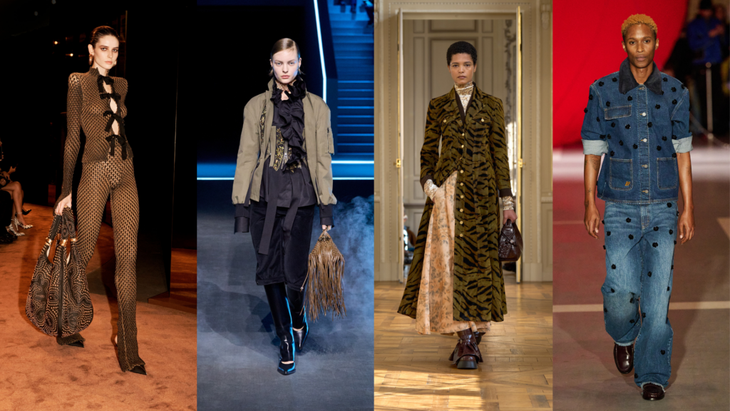 Looks von Schiaparelli (Schleifen), Dior (Fransen), Ganni (Animalprint), Baum & Pferdgarten (Glitzer Applikationen)
