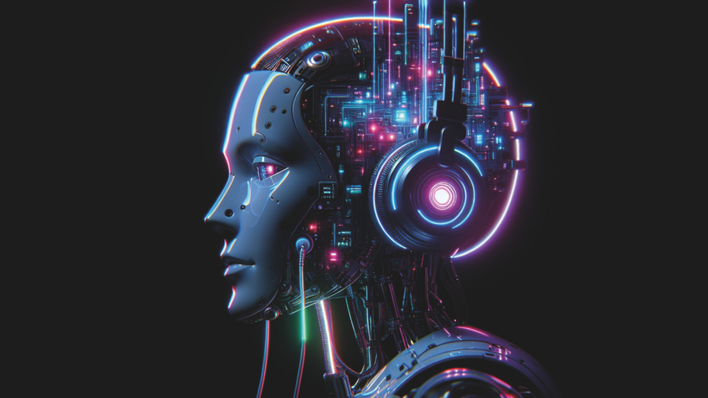 Ein futuristischer Roboter mit Kopfhörern