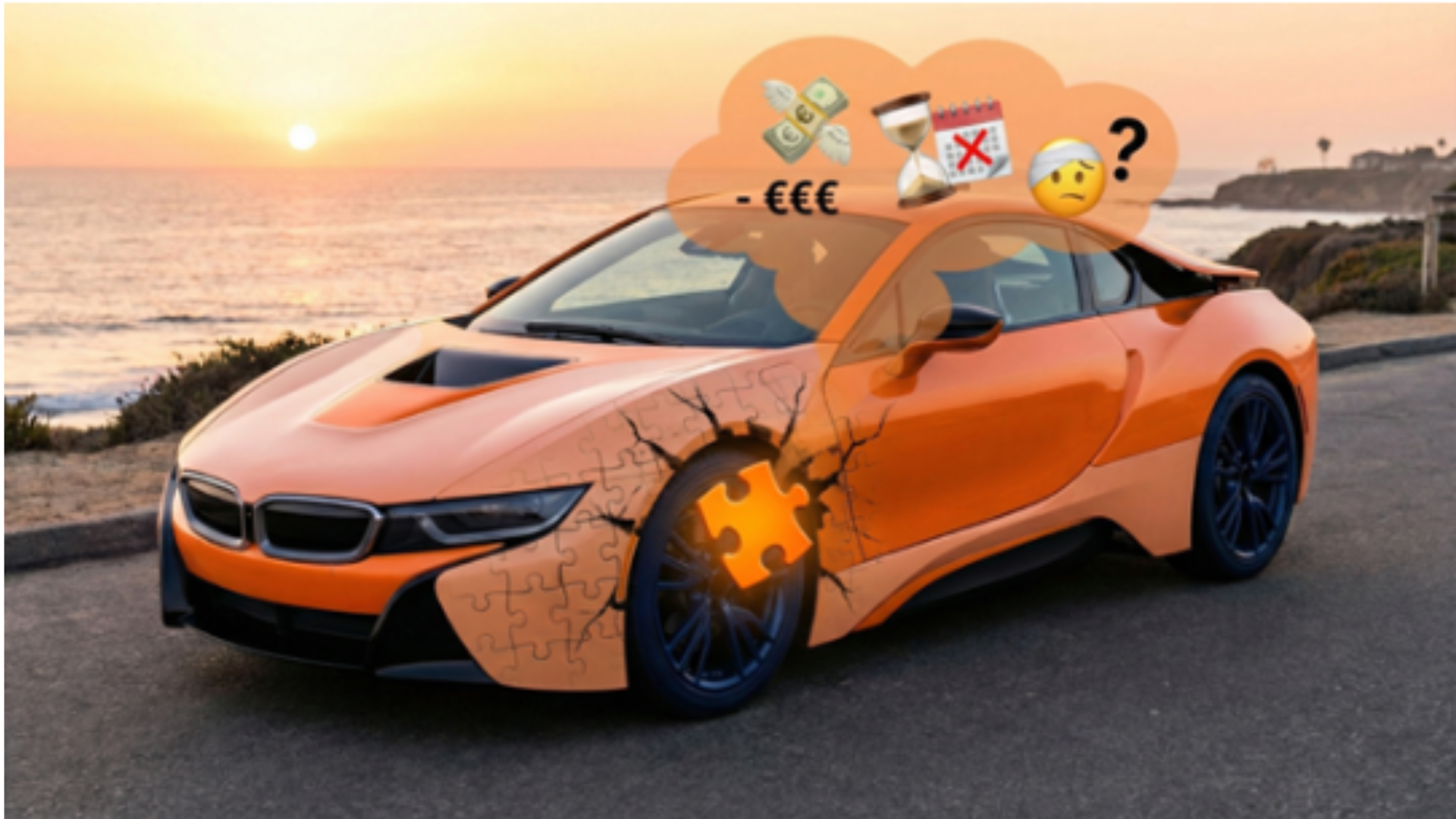Ein Auto mit Emojis: Kopfzerbrechen, Geld, Kalender, Zeituhr