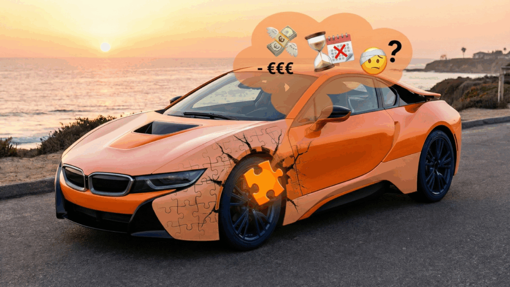 Ein Auto mit Emojis: Kopfzerbrechen, Geld, Kalender, Zeituhr
