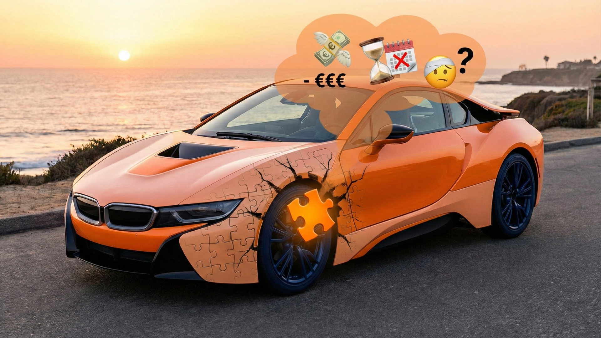 Ein Auto mit Emojis: Kopfzerbrechen, Geld, Kalender, Zeituhr