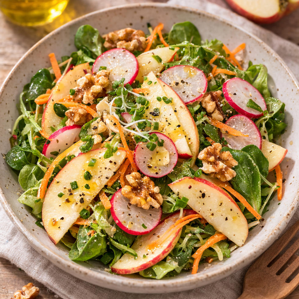 Frühlingssalat mit Radieschen, Äpfel und Nüssen