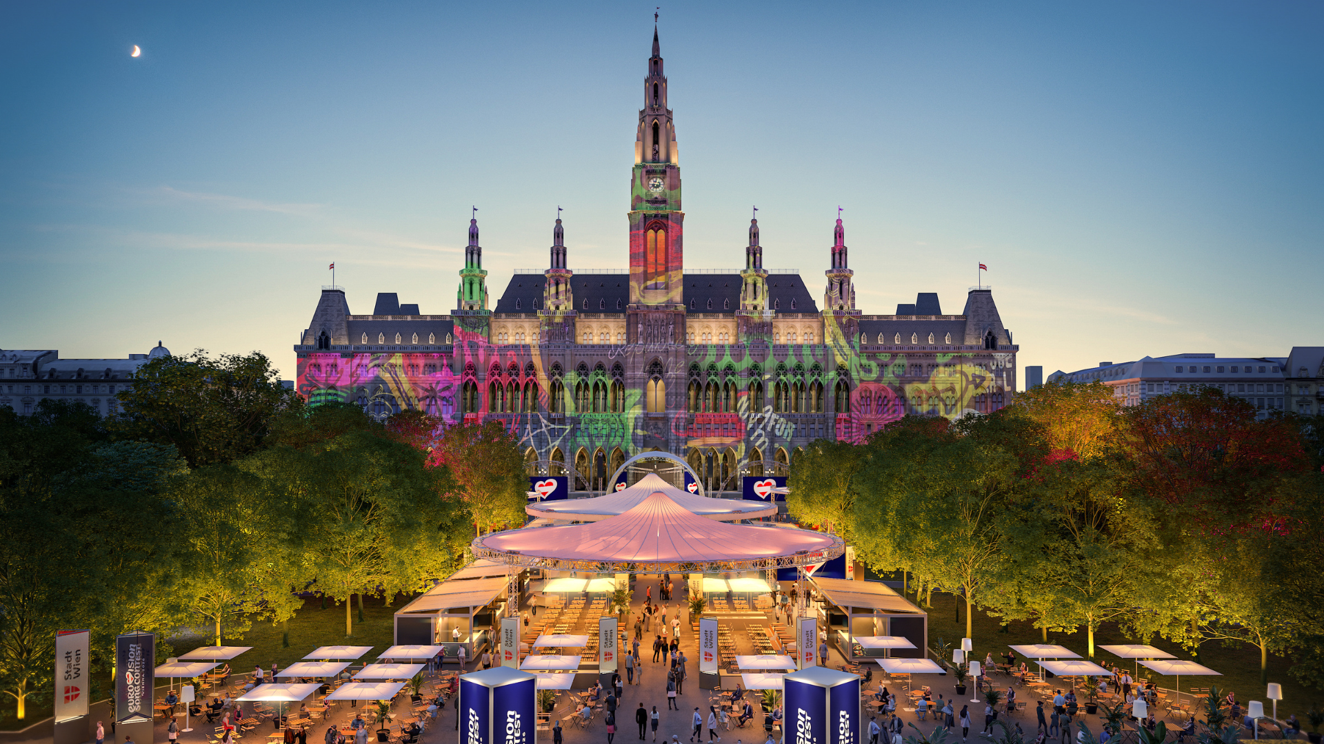 Beleuchtetes Wiener Rathaus mit dem ESC Village