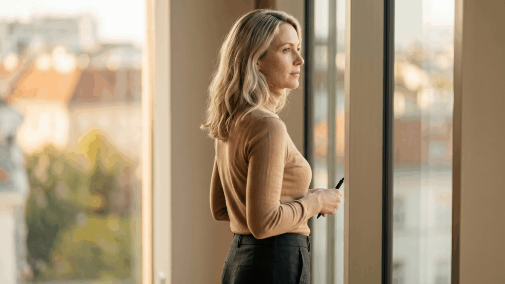 Eine Frau blickt aus dem Fenster